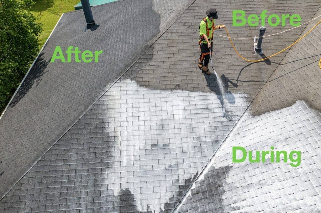 Labeled photo collage of a roof cleaning showing the before, during, and after stages while a crew member soft washes the shingles